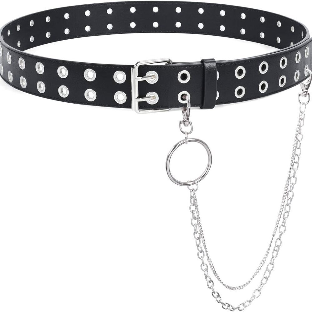 Leather Belt With Detachable Chain For Men Women Punk Grommet Studded